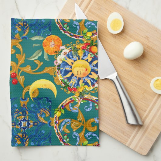 シチリアの太陽、半月、夏、マジョリカ、レモンアート、 キッチンタオル (四つ折り)