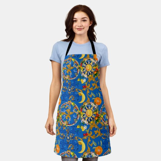 シチリアの太陽、半月、夏、マジョリカ、レモン、 エプロン (着用した状態)