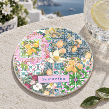シチリアの柑橘類の花のタイル ブルー ピンク シック