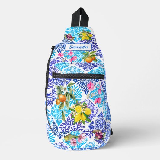 シチリアの柑橘類フローラ地中海のアズレホのタイル スリングバッグ (正面)