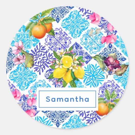 シチリアの柑橘類フローラ地中海のアズレホのタイル ラウンドシール (正面)