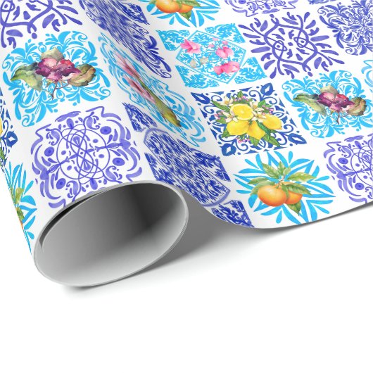 シチリアの柑橘類フローラ地中海のアズレホのタイル ラッピングペーパー (ロールコーナー)