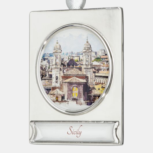 シチリアの水の色絵画の風景オーナメント シルバープレートバナーオーナメント (左)