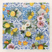 シチリアスタイルタイル花とレモン ガラスコースター (正面)