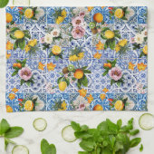 シチリアスタイルタイル花とレモン キッチンタオル (折り畳み)