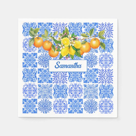 シチリアブルー柑橘類アズレ地中海のホ スタンダードカクテルナプキン (正面)