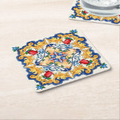 シチリアマジョリカラフルカタイル模様 スクエアペーパーコースター (アングル)