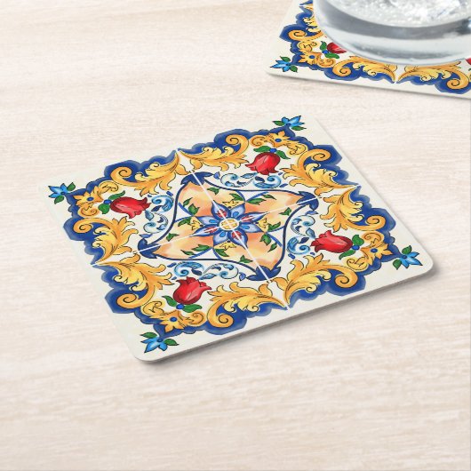 シチリアマジョリカラフルカタイル模様 スクエアペーパーコースター (アングル)