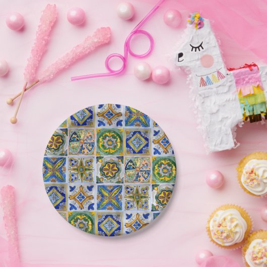 シチリア伝統的陶磁器タイル模様 ペーパープレート (パーティー)