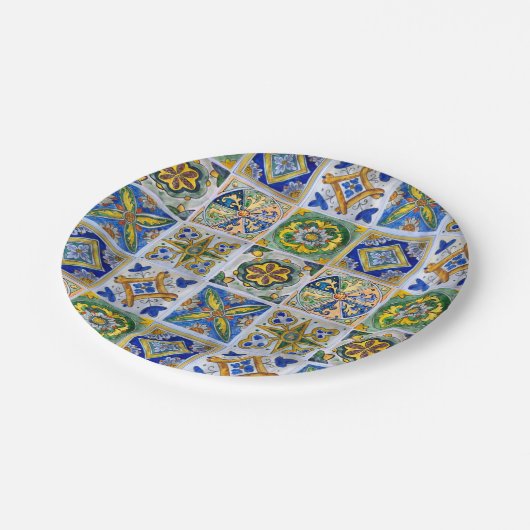 シチリア伝統的陶磁器タイル模様 ペーパープレート (アングル)
