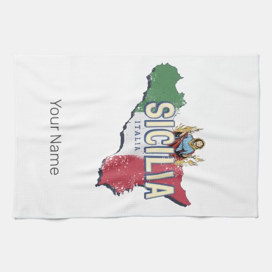 シチリア国旗イタリアレトロマップヴィンテージ土産 キッチンタオル (横)