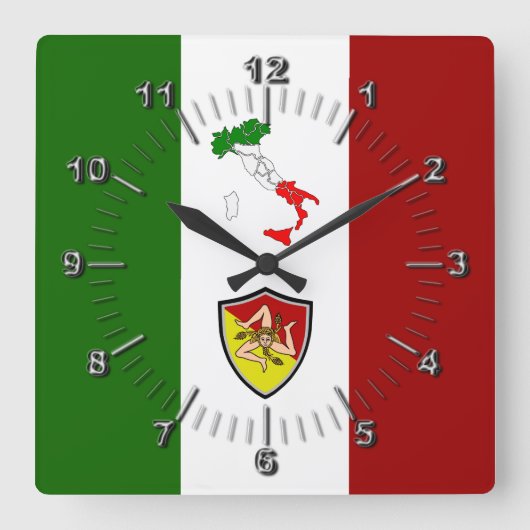 シチリア国旗（イタリア） スクエア壁時計 (正面)