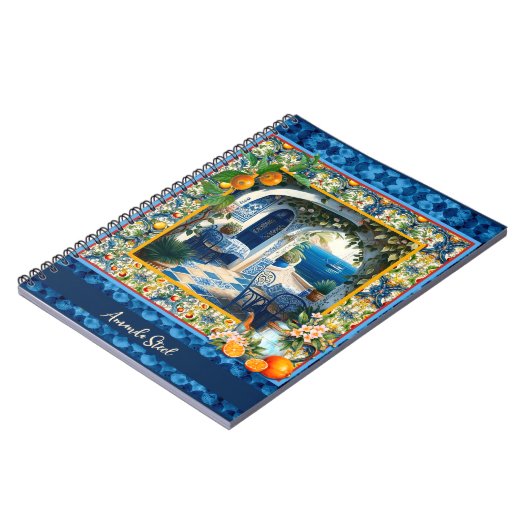 シチリア地中海のの柑橘類の青いタイル ノートブック (左側)