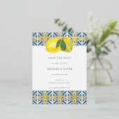 シチリア地中海のブルー・レモン日程保存 箔招待状ポストカード (立ち正面)