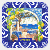 シチリア地中海のマジョリカの青瓦 スクエアシール (正面)