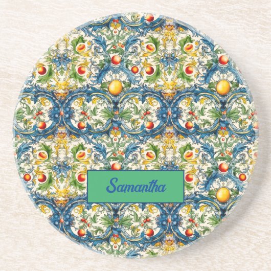 シチリア地中海のミカンマジョリカブルー コースター (正面)