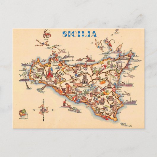 シチリア島のイラスト入りヴィンテージ地図ポストカード ポストカード (正面)