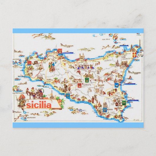 シチリア島 ヴィンテージ地図 ポストカード (正面)