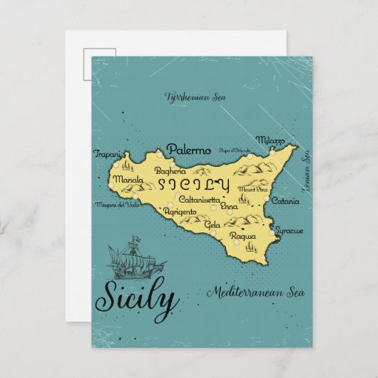 シチリア島 ヴィンテージ 海図 インビテーションポストカード (正面/裏面)
