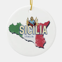シチリア州フラグ イタリア レトロ地図 ヴィンテージ お土産 セラミックオーナメント