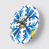 シチリア，夏，レモン，モザイク，青，スカーフ， ラウンド壁時計 (傾斜)