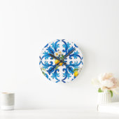 シチリア，夏，レモン，モザイク，青，スカーフ， ラウンド壁時計 (ホーム)