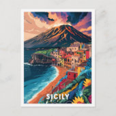 シチリーイタリアアートヴィンテージトラベルイラストレーション ポストカード (正面)