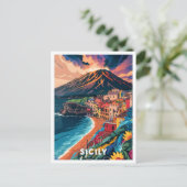 シチリーイタリアアートヴィンテージトラベルイラストレーション ポストカード (スタンド正面)