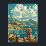 シチリーイタリア旅行アートヴィンテージ ポストカード<br><div class="desc">シチリアのレトロベクトル旅行デザイン。最大の島である地中海のシチリア島は、イタリアの「ブーツ」の「つま先」からすぐのところにある。 その豊かな歴史は寺院の谷のような場所に反映されている。</div>