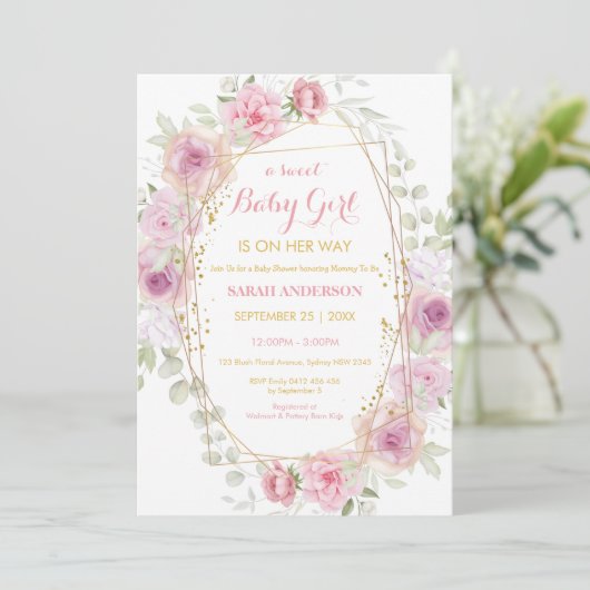 シッかわいらしク金ゴールドグリッターピンクフローラベビーガールイン 招待状 (スタンド正面)