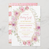 シッかわいらしク金ゴールドグリッターピンクフローラベビーガールイン 招待状 (正面/裏面)