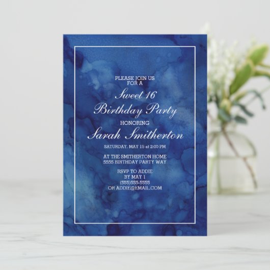シッエレガントクモダンネイビーブルーウォーターカラースウィート16 招待状 (スタンド正面)
