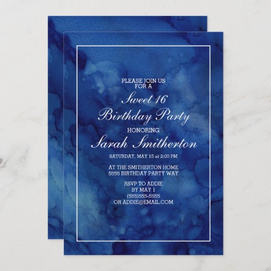 シッエレガントクモダンネイビーブルーウォーターカラースウィート16 招待状 (正面/裏面)