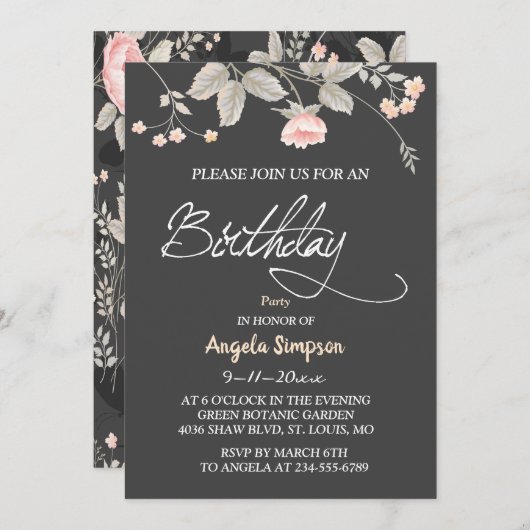シッエレガントク·ウォーターカラー·フローラルバースデー·カード 招待状 (正面/裏面)