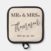 シッカスタムクなミスターとミセスの姓とハート 鍋敷き (正面)