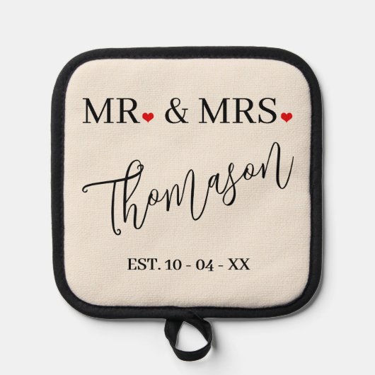 シッカスタムクなミスターとミセスの姓とハート 鍋敷き (正面)
