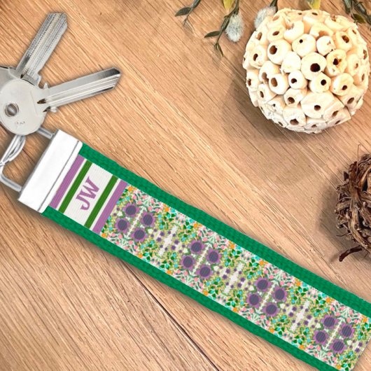 シックおもしろいグリーンフローラルパターンモノグラムイニシャル リストバンドキーホルダー