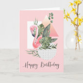 シックおもしろいトロピカルピンクフラミンゴ誕生日 カード (黄色い花)