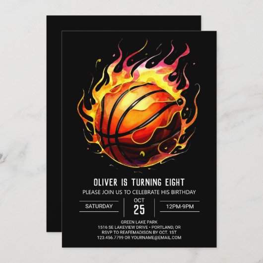 シックおもしろいボヘミアンバスケットボール誕生日 招待状 (正面/裏面)
