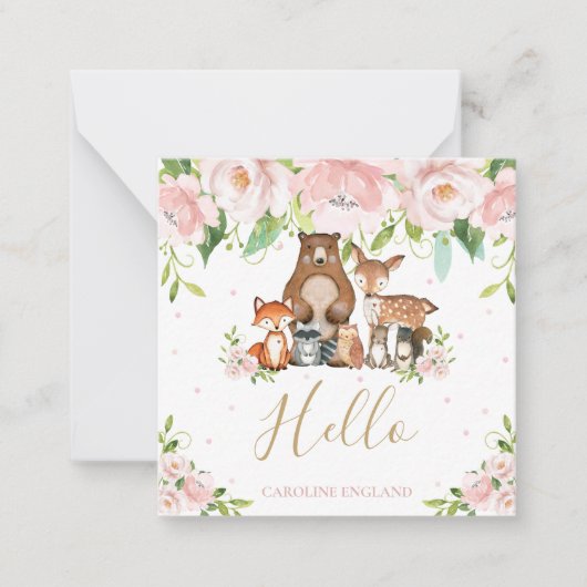 シックお洒落ウッドランドアニマルズ赤面ピンクフローラ ノートカード (正面)