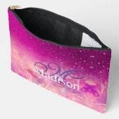 シックお洒落ピンク明るい赤紫色グラデーショングリッターモノグラム アクセサリーポーチ (見開き)