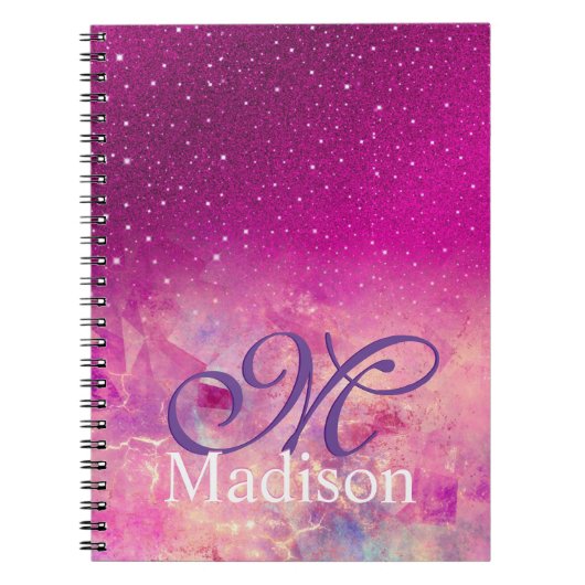 シックお洒落ピンク明るい赤紫色グラデーショングリッターモノグラム ノートブック (正面)