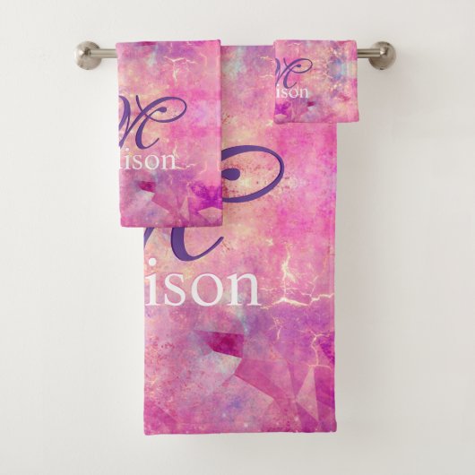 シックお洒落ピンク明るい赤紫色グラデーショングリッターモノグラム バスタオルセット (インサイチュ)