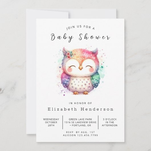 シックお洒落フクロウ赤ちゃんシャワー 招待状 (正面)