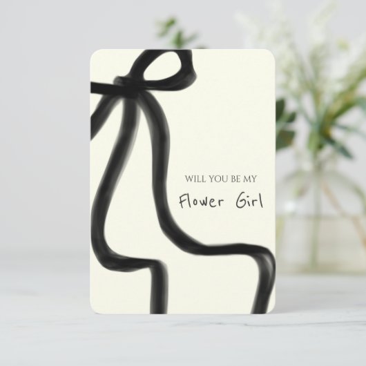 シックお洒落ブラックボウフラワーガールプロポーズカード 招待状 (スタンド正面)