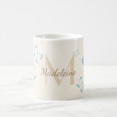 シックお洒落ブルーエレガント蝶モノグラム コーヒーマグカップ (中央)