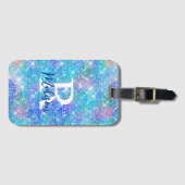 シックお洒落ブルーフェイクグリッターモノグラム ラゲッジタグ (正面横)