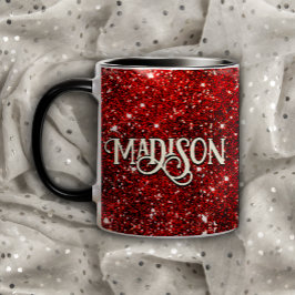 シックお洒落レッド黒グリッターモノグラム マグカップ