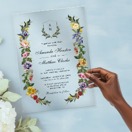 シックお洒落ヴィンテージフローラモノグラ結婚ム アクリル招待状