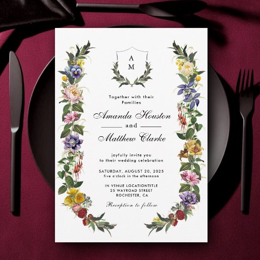 シックお洒落ヴィンテージフローラモノグラ結婚ム 招待状